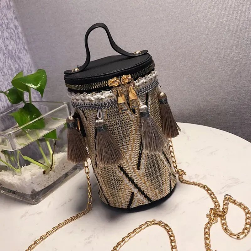 Retro Ethnic Style Zipper Tassels Decor Crossbody Bag