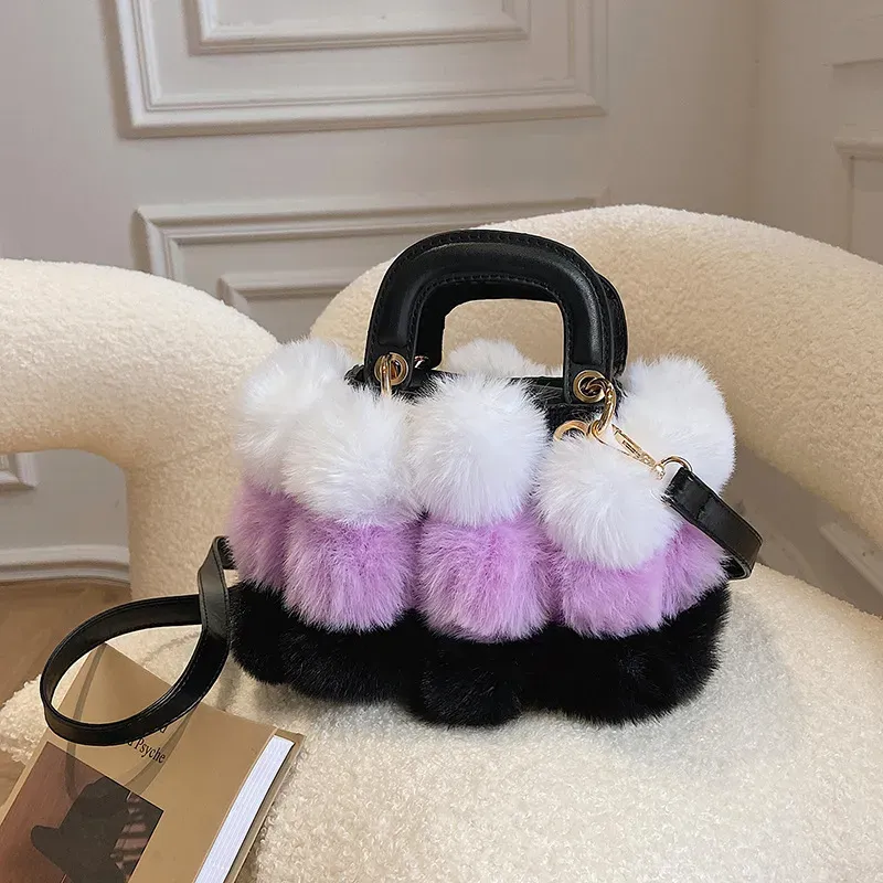 Women Casual Pompon Design Color Blocking Shoulder Handle Bag - Image 4