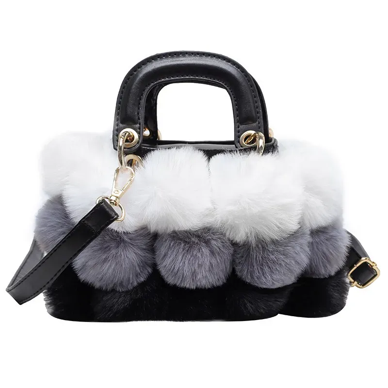 Women Casual Pompon Design Color Blocking Shoulder Handle Bag - Image 5