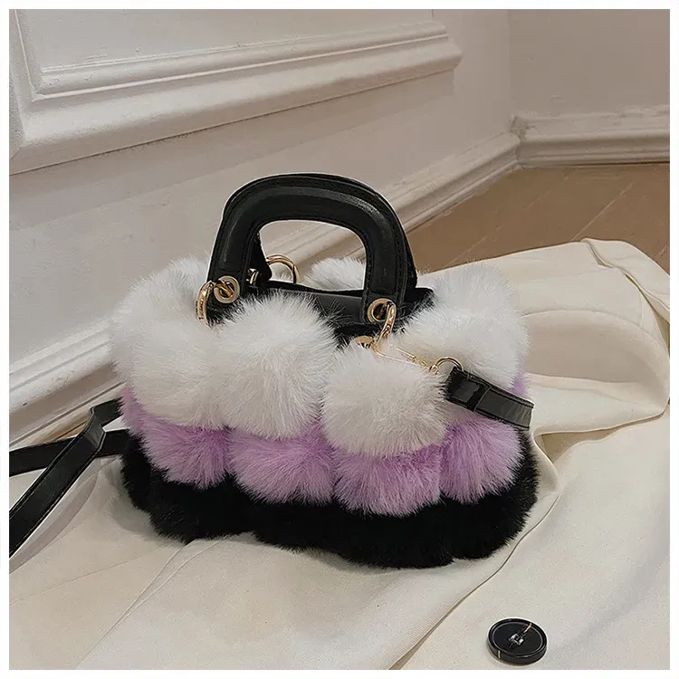 Women Casual Pompon Design Color Blocking Shoulder Handle Bag - Image 8