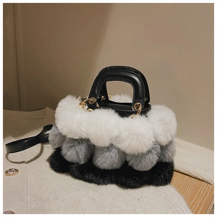 Women Casual Pompon Design Color Blocking Shoulder Handle Bag - Image 10