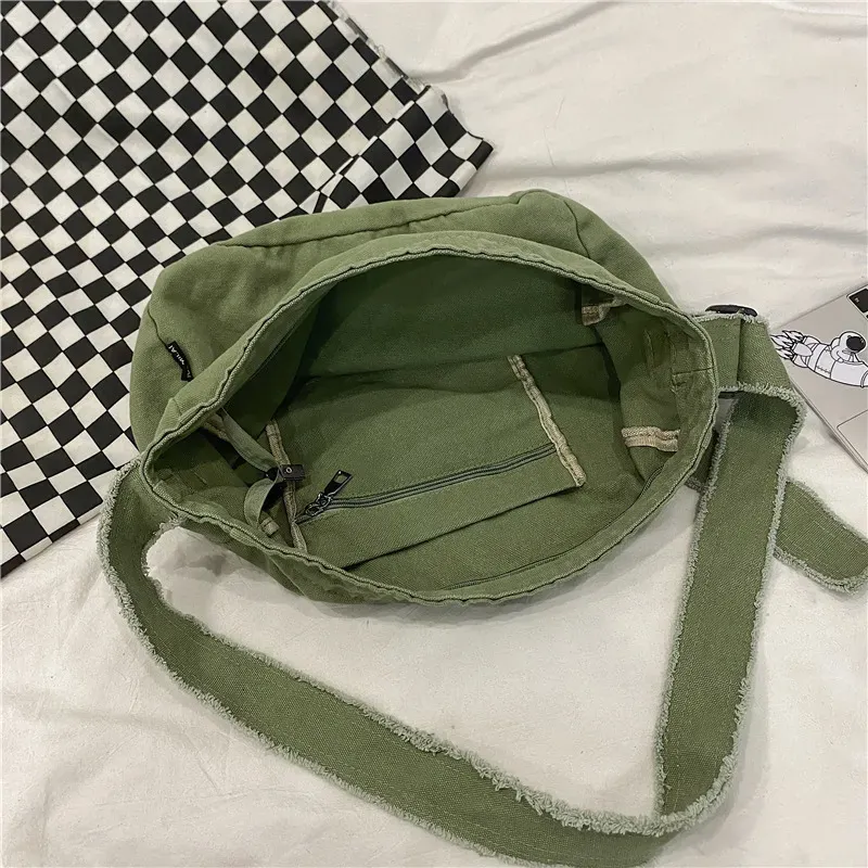 Women Casual Multi Pocket Design Solid Color Canvas Large Capacity Shoulder Handle Tote Bag - Image 4