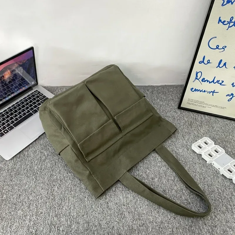 Women Casual Multi Pocket Design Solid Color Canvas Large Capacity Shoulder Handle Tote Bag - Image 6