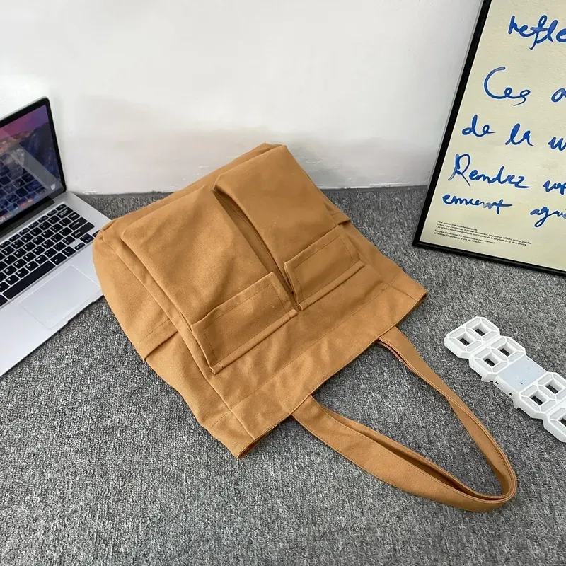 Women Casual Multi Pocket Design Solid Color Canvas Large Capacity Shoulder Handle Tote Bag - Image 8