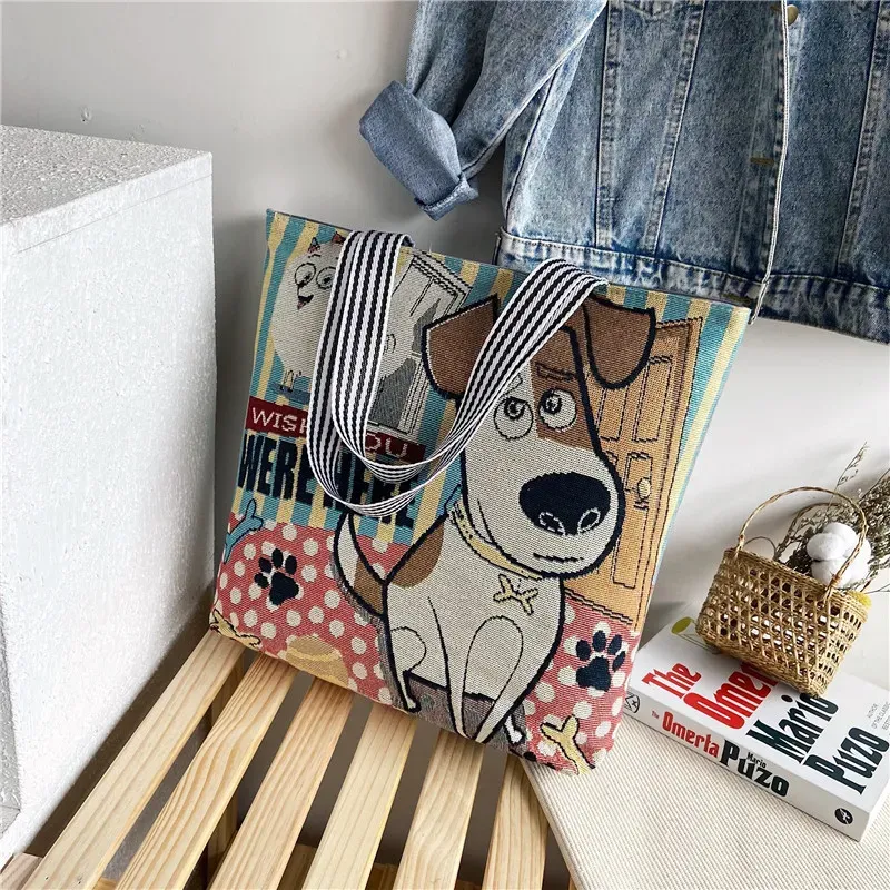 Fashion Ethnic Style Cartoon Embroidered Pattern Large Capacity Women Canvas Tote Bag - Image 3