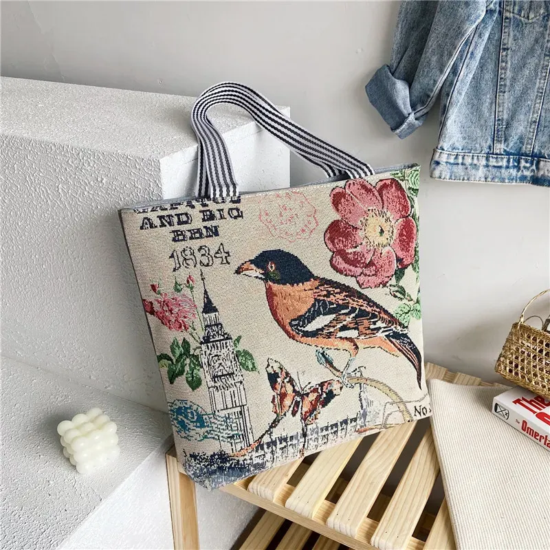 Fashion Ethnic Style Cartoon Embroidered Pattern Large Capacity Women Canvas Tote Bag - Image 7