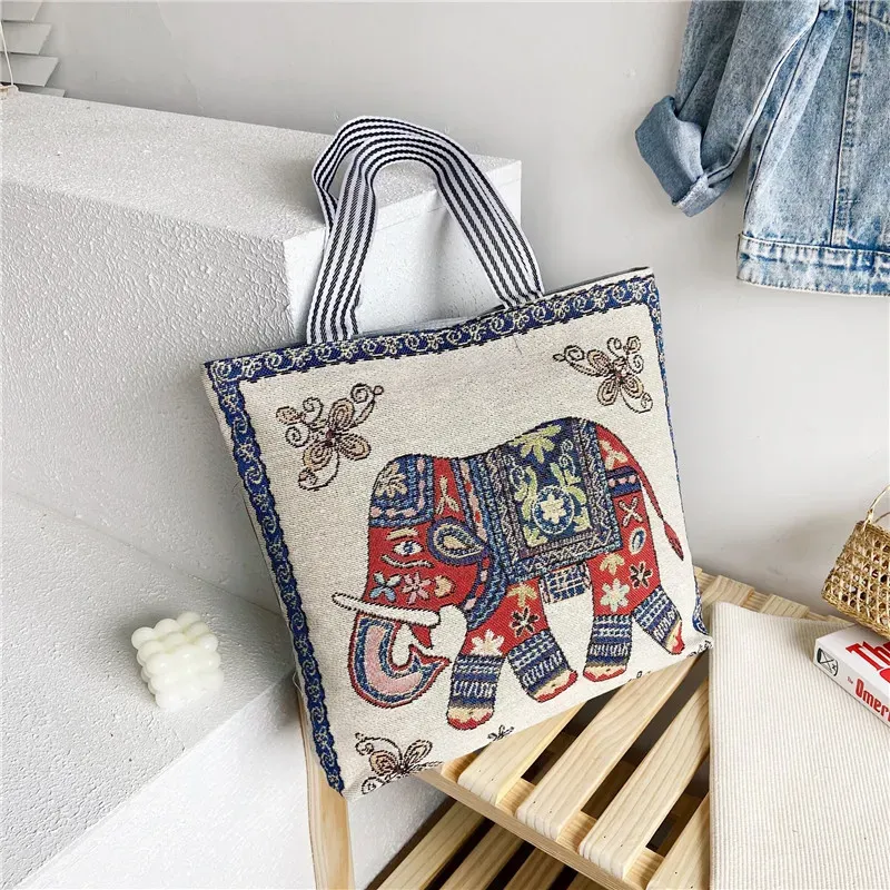 Fashion Ethnic Style Cartoon Embroidered Pattern Large Capacity Women Canvas Tote Bag - Image 8