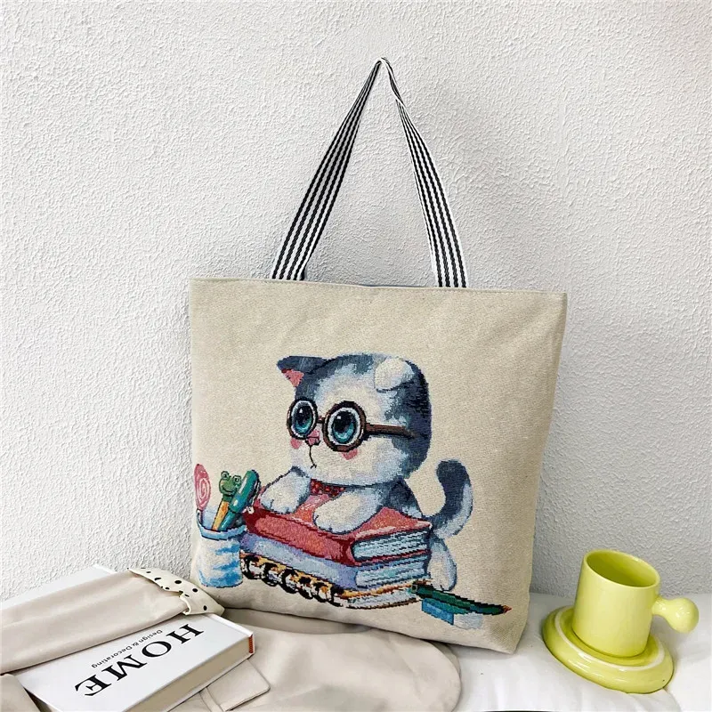 Fashion Ethnic Style Cartoon Embroidered Pattern Large Capacity Women Canvas Tote Bag - Image 12
