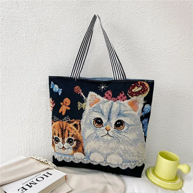 Fashion Ethnic Style Cartoon Embroidered Pattern Large Capacity Women Canvas Tote Bag - Image 14
