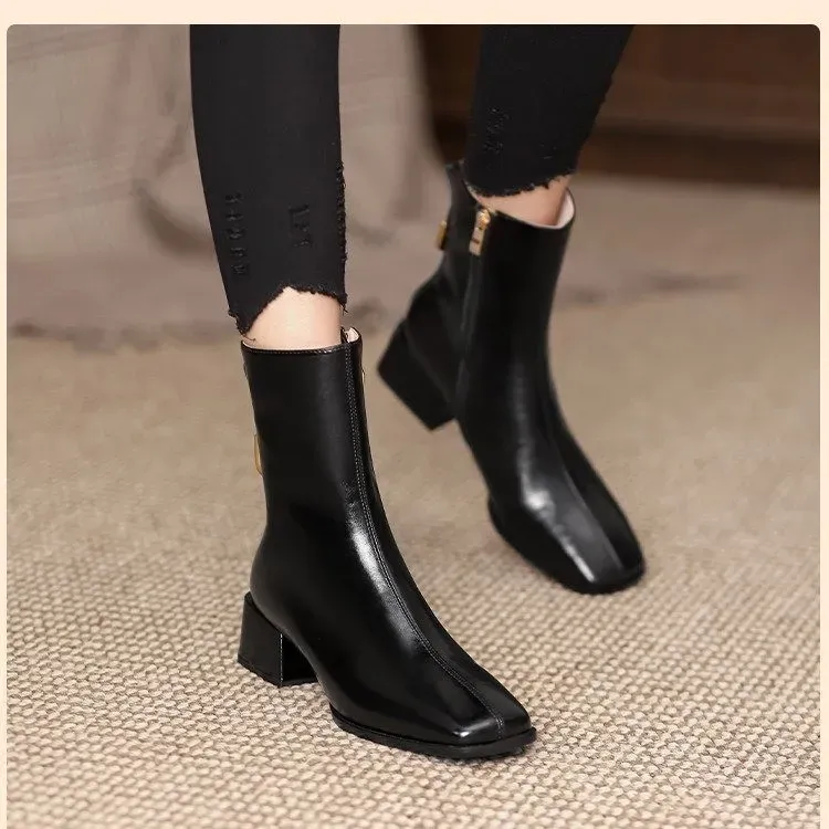 Women Casual PU Thick Heel Pointed Head Platform Side Zipper Riding Short Boots