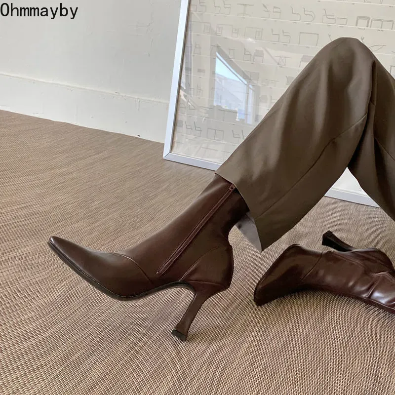 Women Fashion Zipper Design Pointed Toe Solid Color Stiletto Mid-Calf Boots