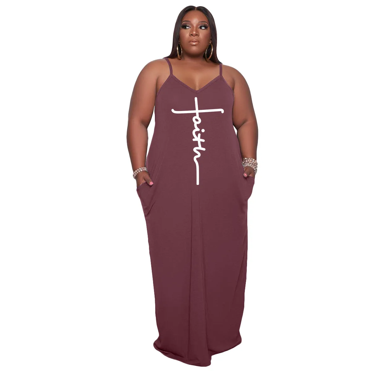 Plus Size Women Athleisure Faith Letter Printed Sleeveless Slip Dress - Image 11