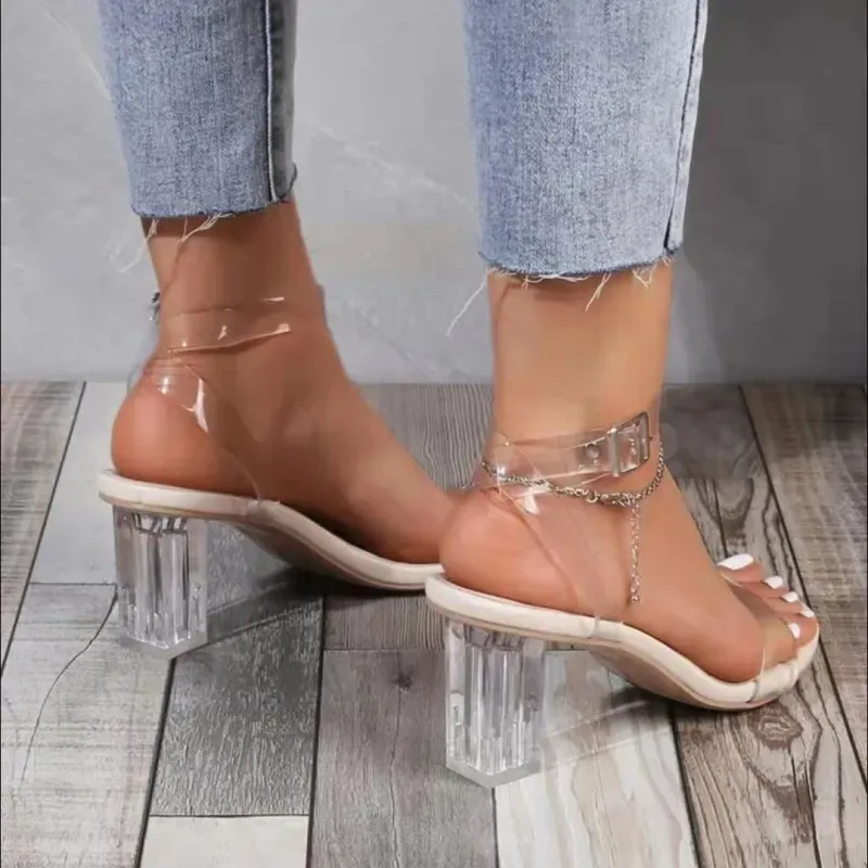 Women Fashion Creative Transparent Design Buckle High Heel Sandals