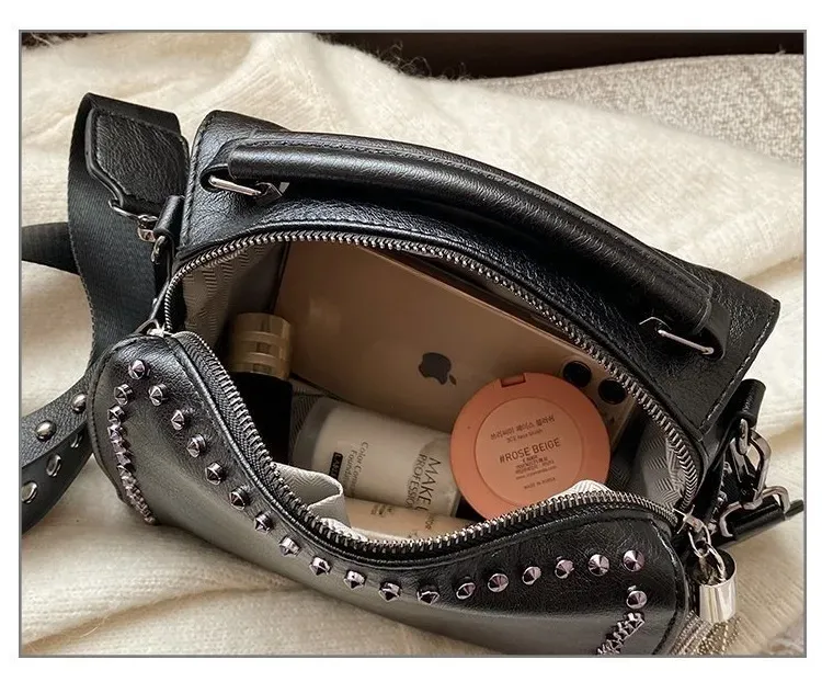 Women Punk Rivet Decorative Tassel Pendant Zipper Design Solid Color PU Handle Bag - Image 6