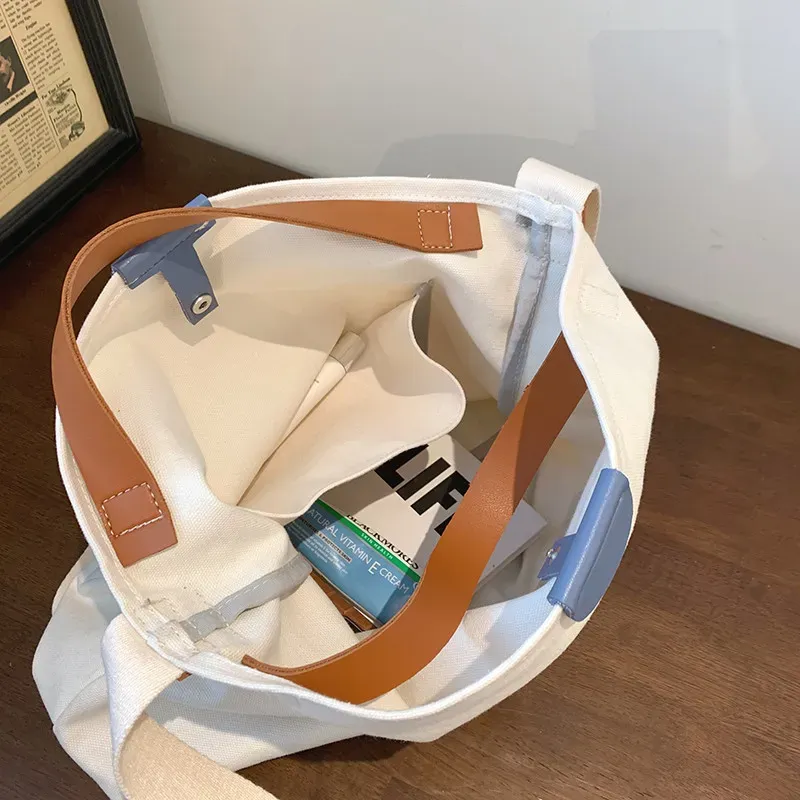 Women Fashion Unique Color Blocking Patchwork Design Large Capacity Canvas Tote Bag - Image 5