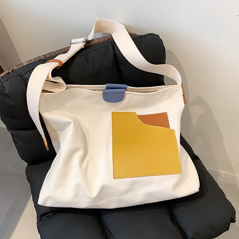 Women Fashion Unique Color Blocking Patchwork Design Large Capacity Canvas Tote Bag - Image 9
