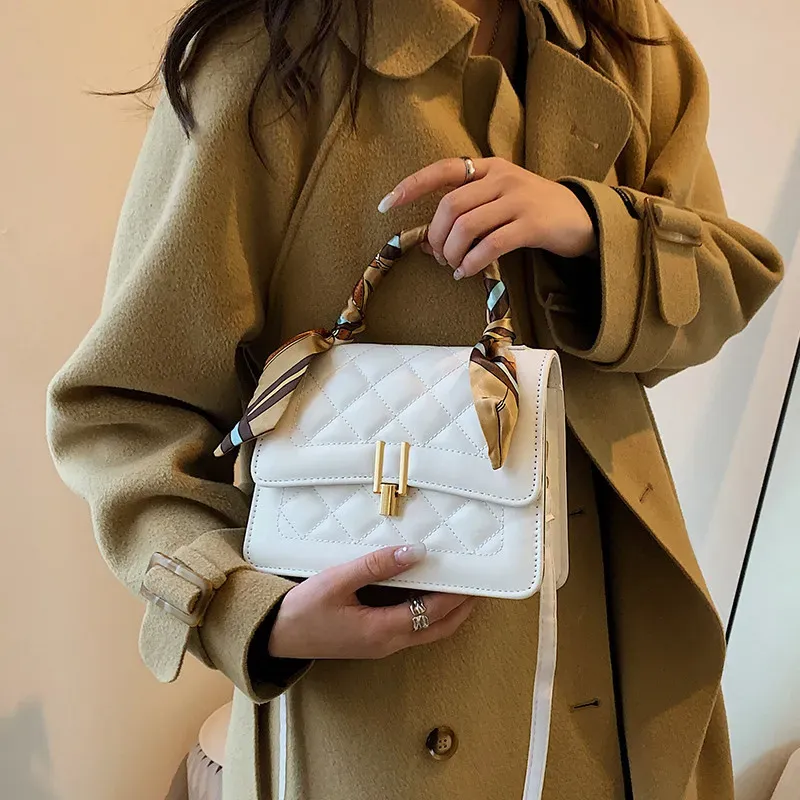 Women Elegant Silk Scarf Decorated Flap Buckle Design Rhombus Stitching Solid Color PU Crossbody Bag - Image 4