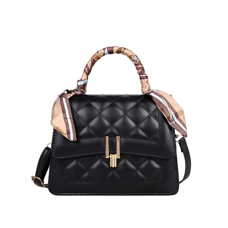 Women Elegant Silk Scarf Decorated Flap Buckle Design Rhombus Stitching Solid Color PU Crossbody Bag - Image 7