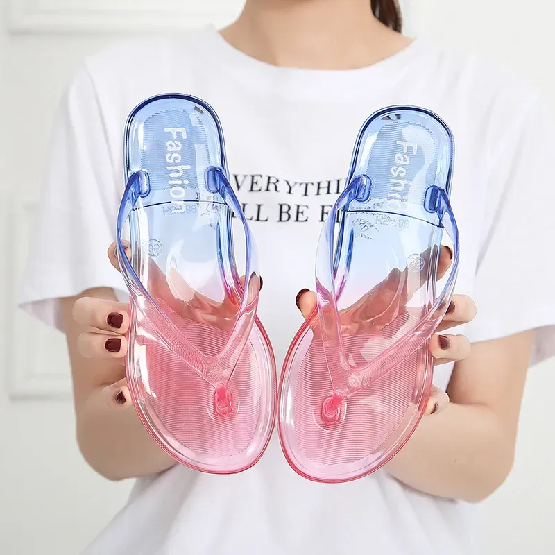 Women Creative Casual Transparent Gradient Design Flat Beach Flip-flops