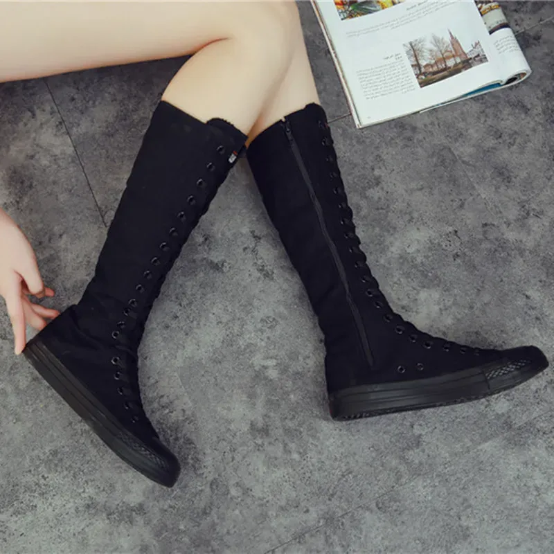 Casual Solid Side Zip Canvas High Boots