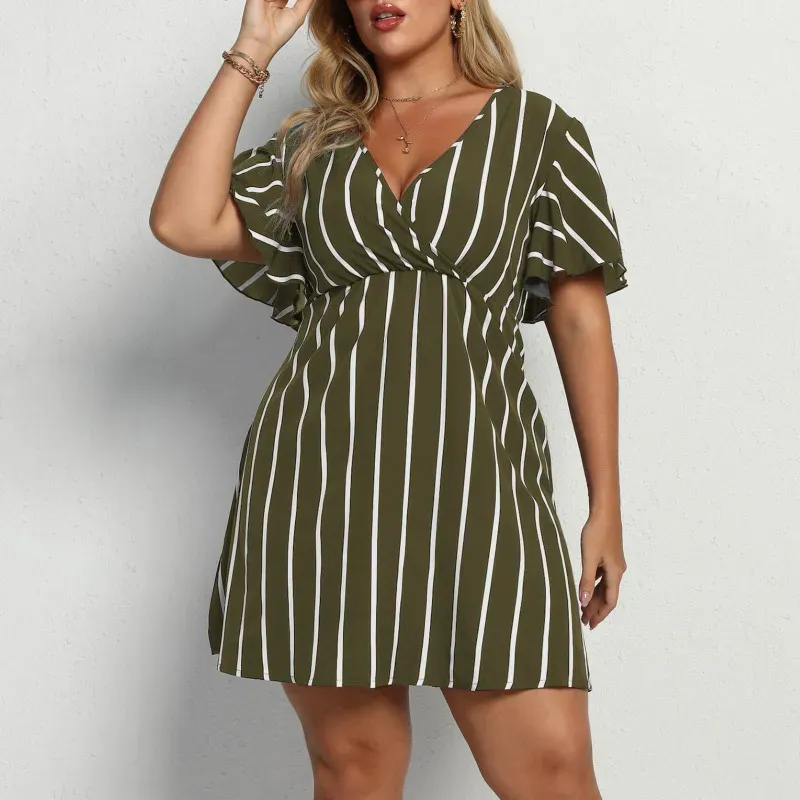 Women Plus Size Stripe V-Neck Short-Sleeved Casual V Neck Dress - Image 10