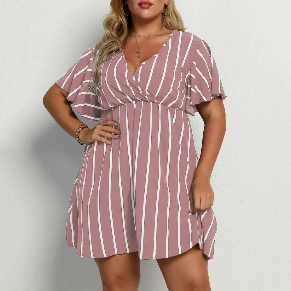 Women Plus Size Stripe V-Neck Short-Sleeved Casual V Neck Dress - Image 13