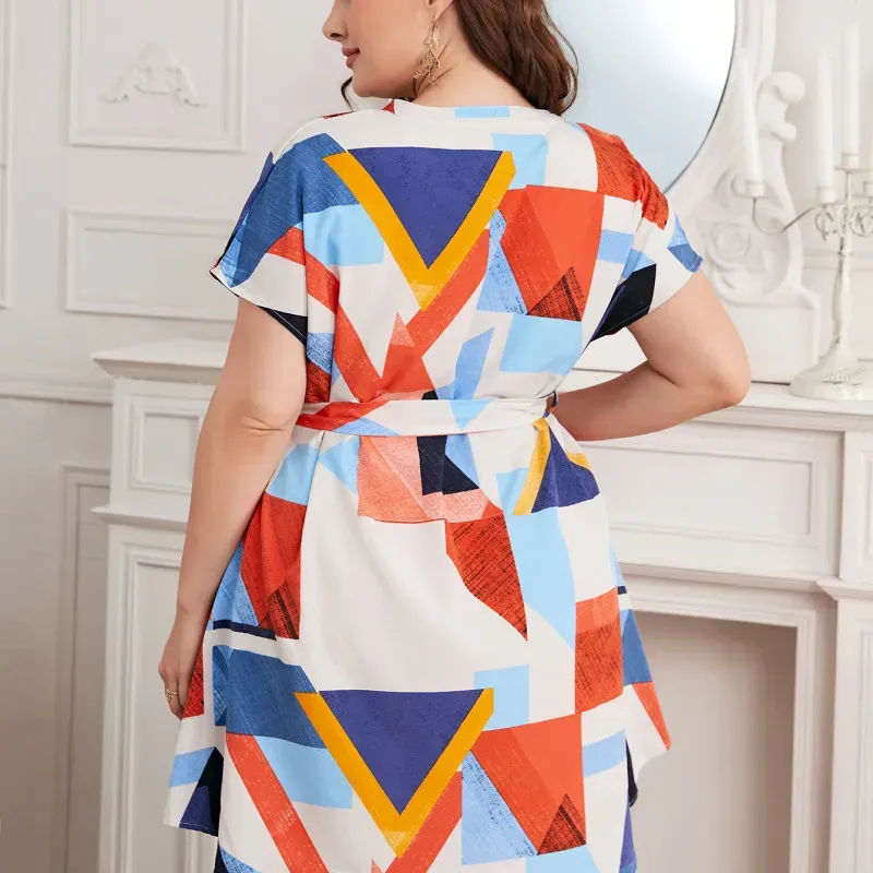 Plus Size Women High Waist Summer Color Blocking Geometry Print Short Sleeve Casual Dress - Image 5
