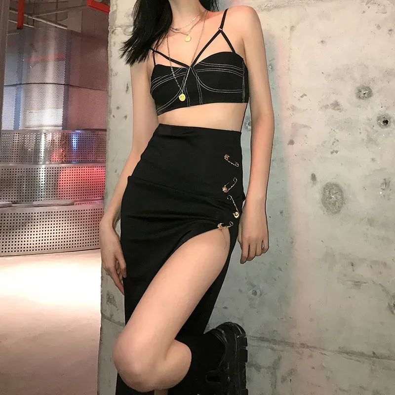 Summer Women Solid Color Gothic Punk High Waist Slim Fashion Slit Skirt