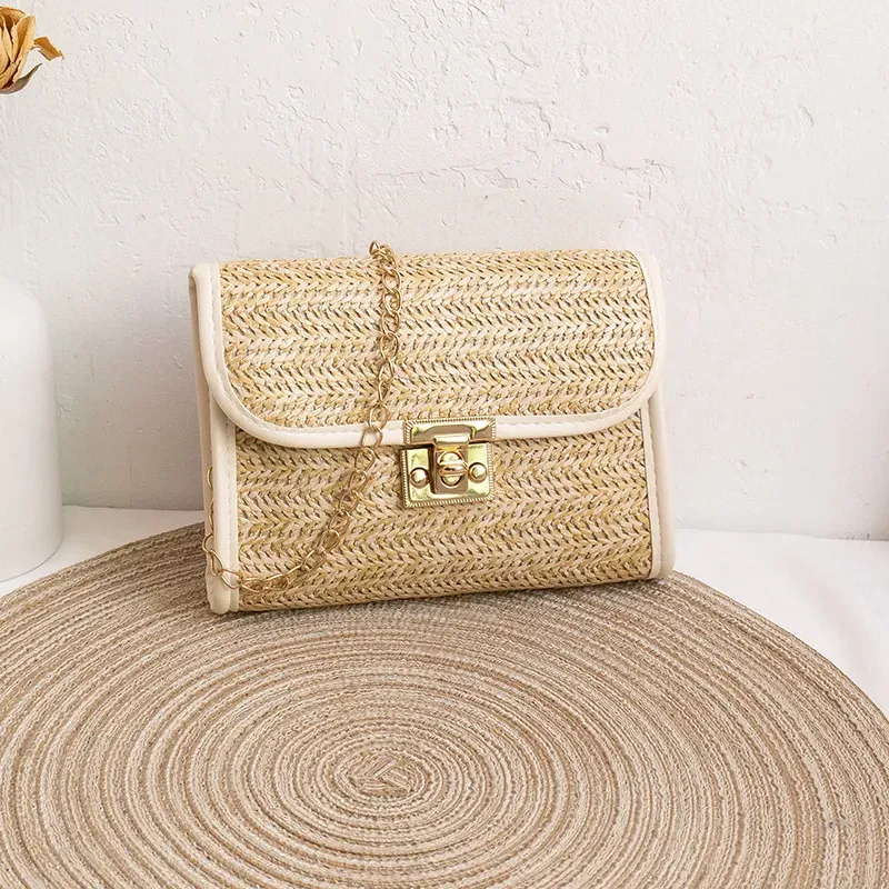 Women Fashion Casual Vacation Beach Magnetic Buckle Flap Chain Square Straw Woven Crossbody Bag - Image 5