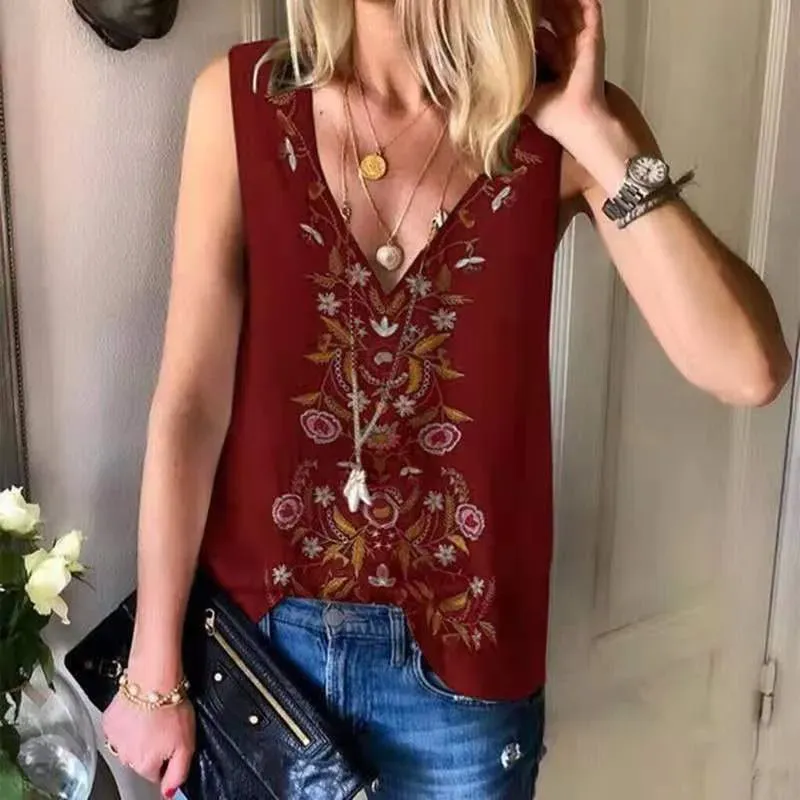 Vintage Boho Women Floral Pattern V Neck Chiffon Tank Top - Image 5