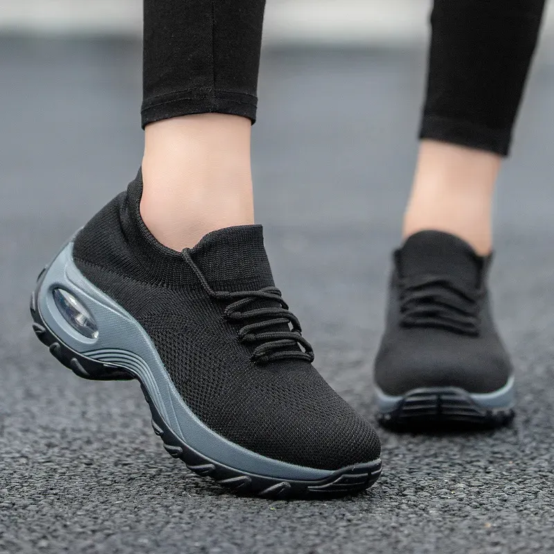 Women Casual Solid Color Plus Size Flying Woven Breathable Lace-Up Sneaker - Image 3