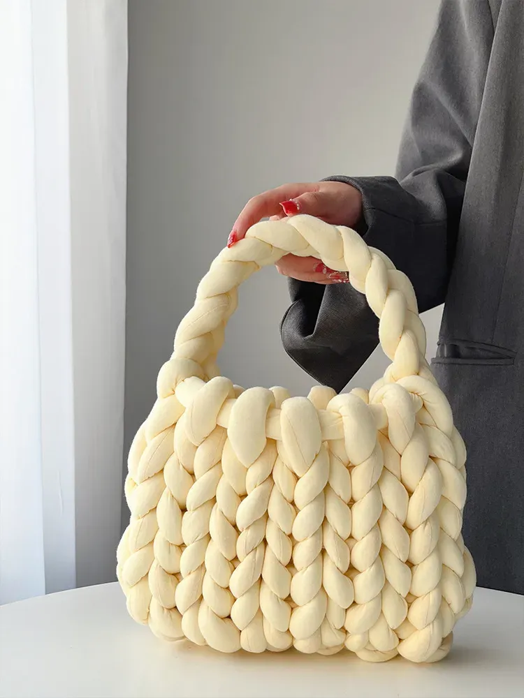 Women Fashion Solid Color Hand-Woven Wool Handbag - Image 2