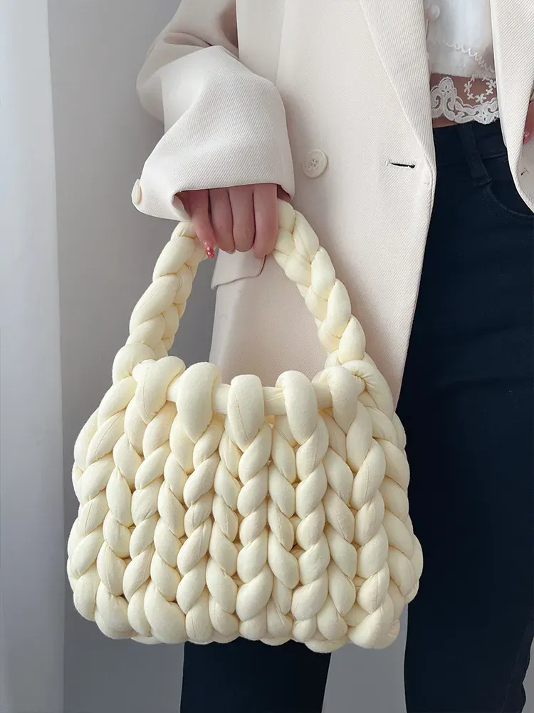 Women Fashion Solid Color Hand-Woven Wool Handbag - Image 3