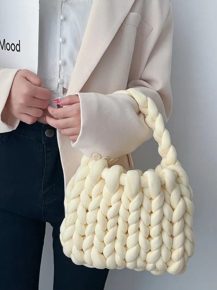 Women Fashion Solid Color Hand-Woven Wool Handbag - Image 4