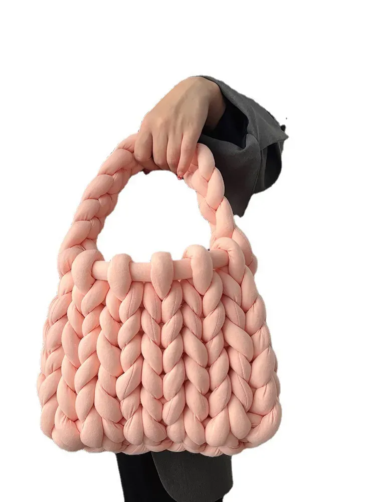 Women Fashion Solid Color Hand-Woven Wool Handbag - Image 5