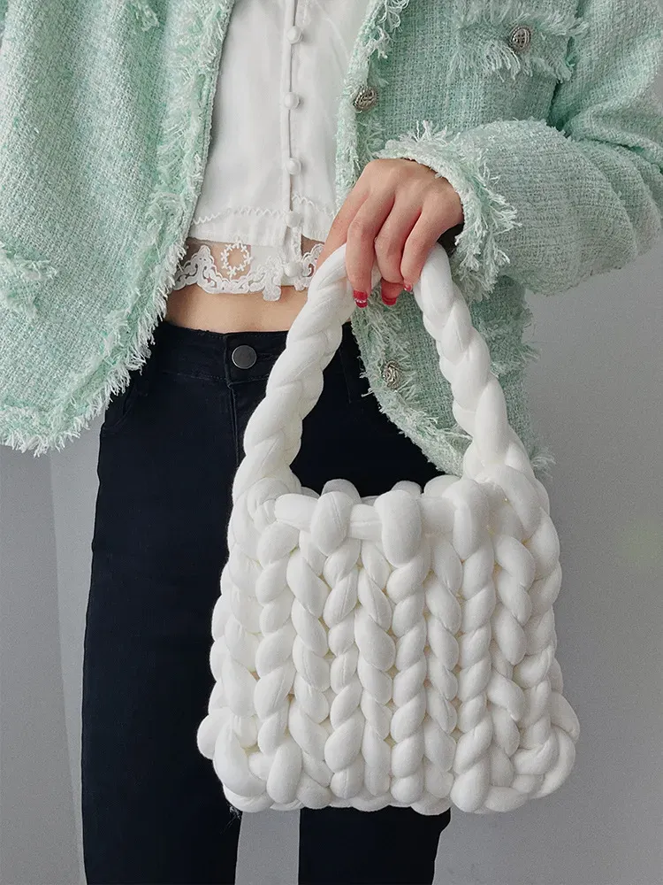 Women Fashion Solid Color Hand-Woven Wool Handbag - Image 13