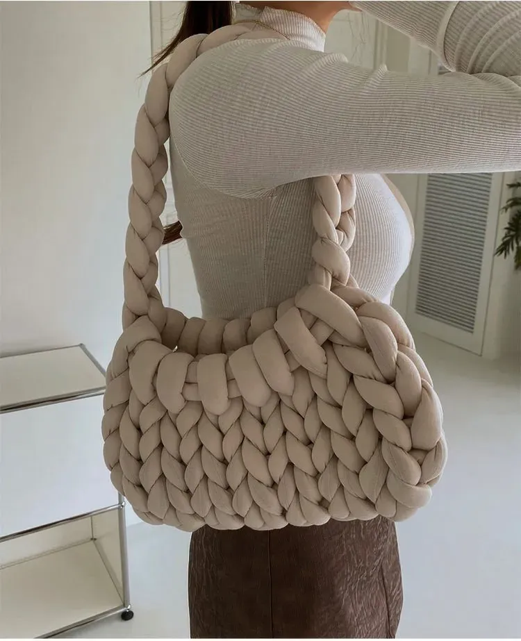 Women Fashion Solid Color Hand-Woven Wool Handbag - Image 19