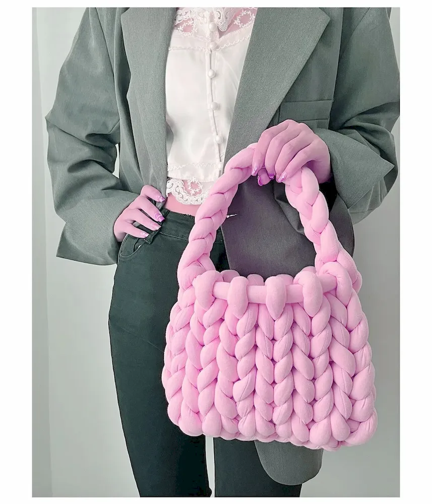 Women Fashion Solid Color Hand-Woven Wool Handbag - Image 30