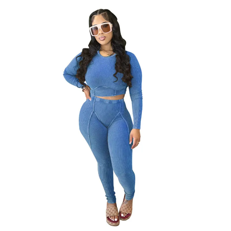Women Fashion Tight Sexy Pit Long Sleeve Top Tight Pants Two-Piece Set - Image 5