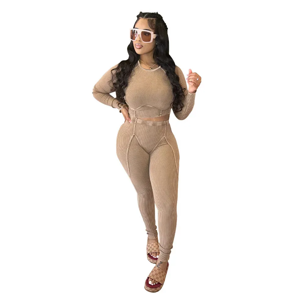 Women Fashion Tight Sexy Pit Long Sleeve Top Tight Pants Two-Piece Set - Image 9