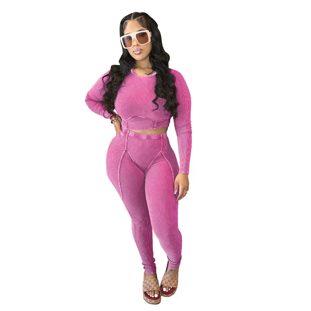 Women Fashion Tight Sexy Pit Long Sleeve Top Tight Pants Two-Piece Set - Image 11