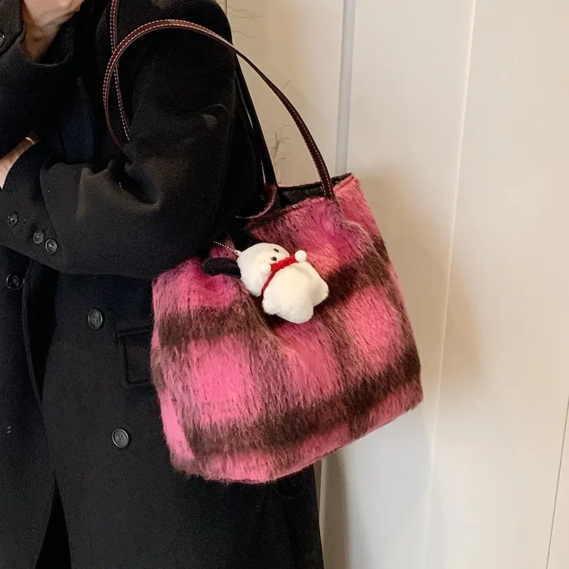 Women Cute Plush Plush Strap Pendant Large Capacity Tote Bag - Image 4
