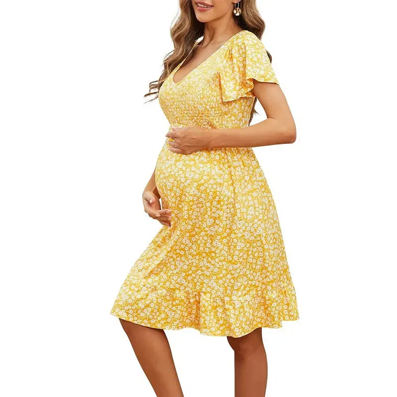 Summer Pregnant Women Fashion Casual V-Neck Floral Print Short Sleeve Loose Dress - Image 4