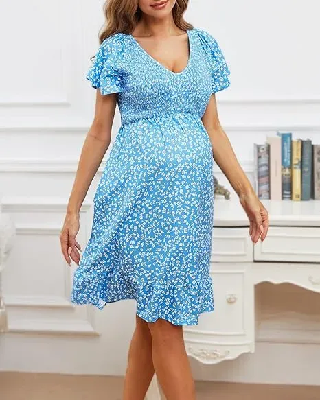 Summer Pregnant Women Fashion Casual V-Neck Floral Print Short Sleeve Loose Dress - Image 7