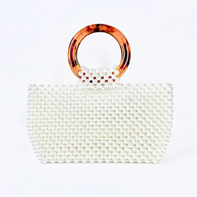 Women Fashionable Simple Handmade Beaded Ring Handle Square Evening Bag