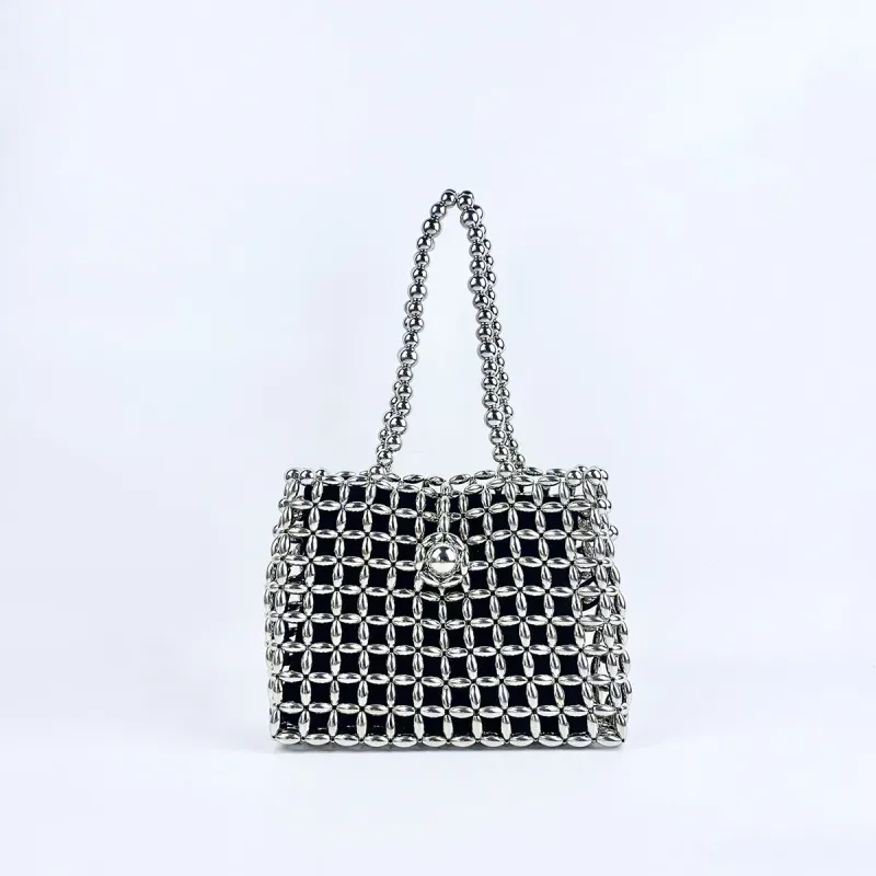 Women Fashionable Large Capacity Handmade Beaded Hollow Square Evening Bag