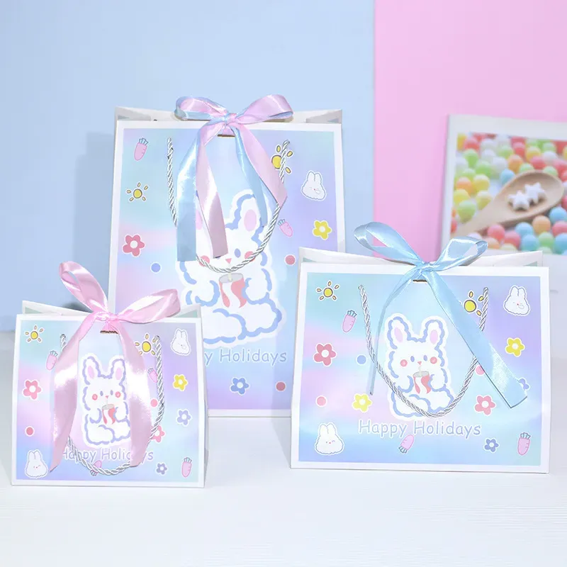 Cartoon Cute Rabbit Print Bow Ribbon Gift Wrapping Paper Bag