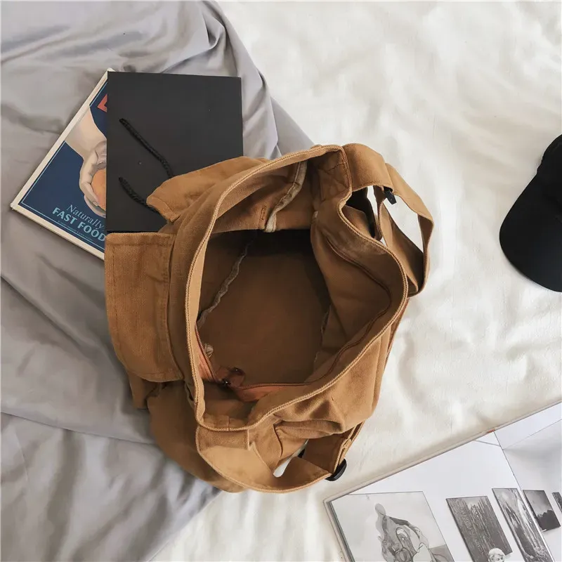 Women Fashionable Solid Color Multi-Pocket Large Capacity Canvas Tote Bag - Image 4