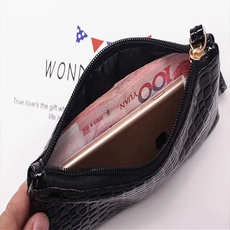 Women Simple Solid Color Stone Pattern Zipper Long Purses - Image 4