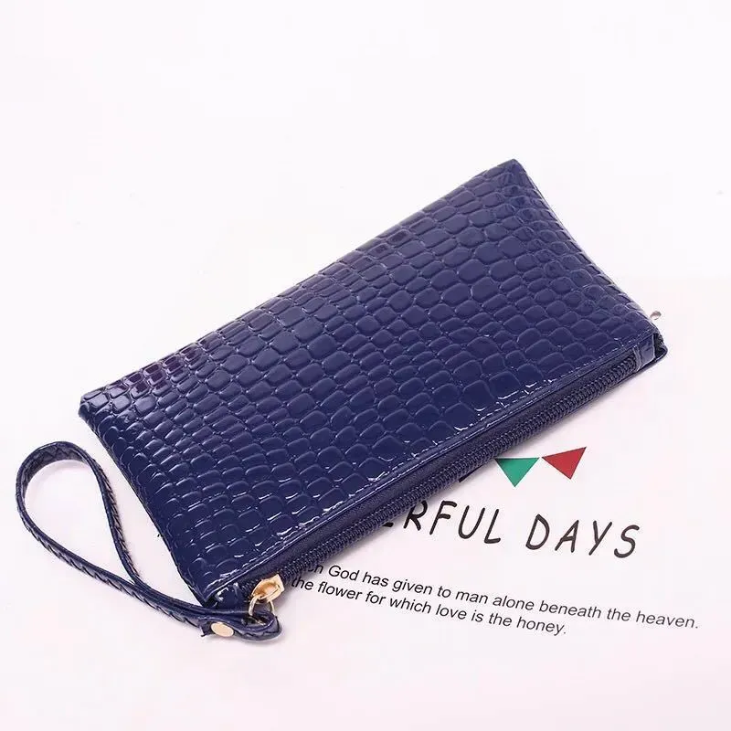 Women Simple Solid Color Stone Pattern Zipper Long Purses - Image 8